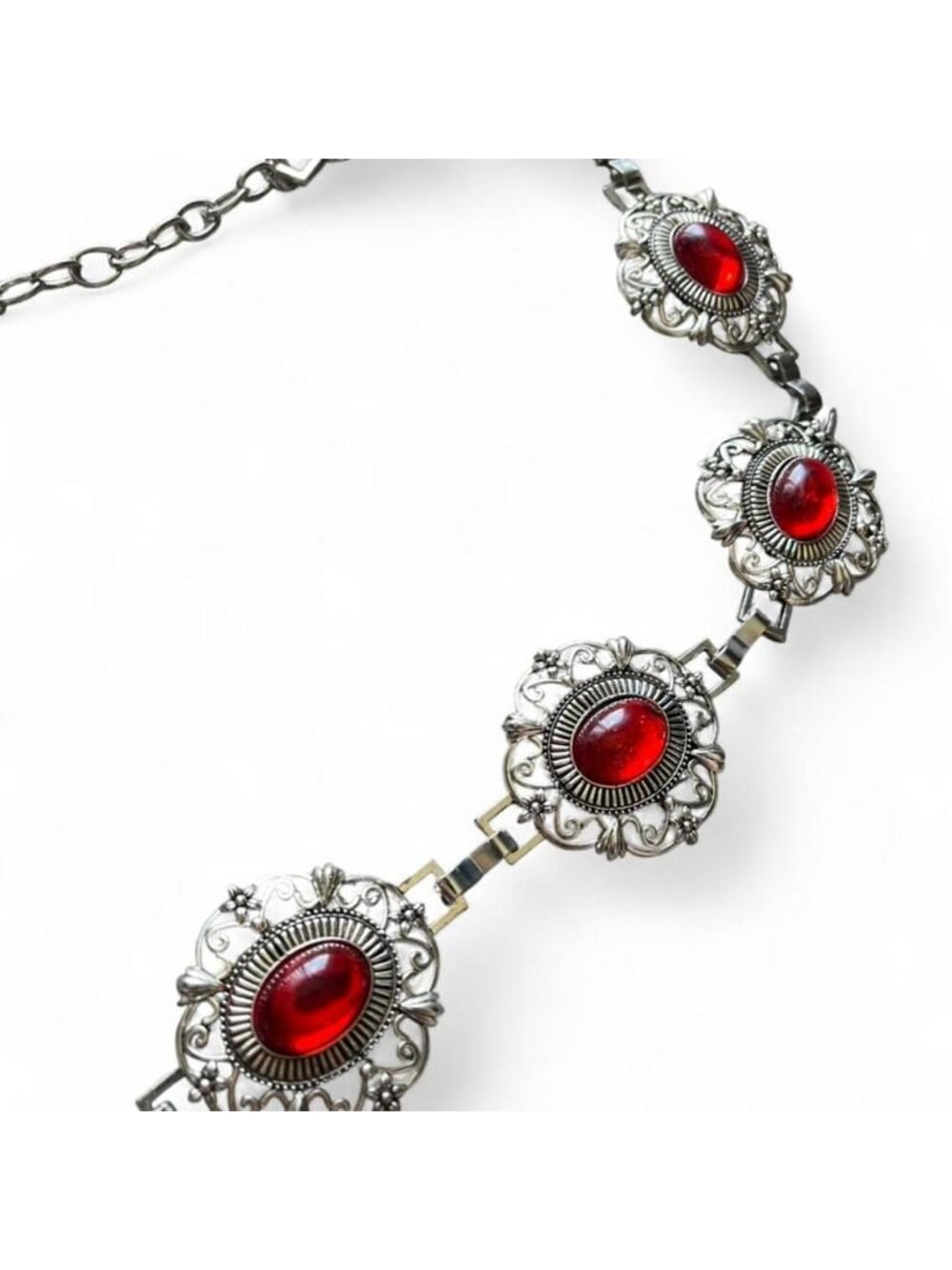 Red Flower Small Crop Top w/Red Belt Hair Accessories Pearls Roses Victorian Set - Picture 7 of 8